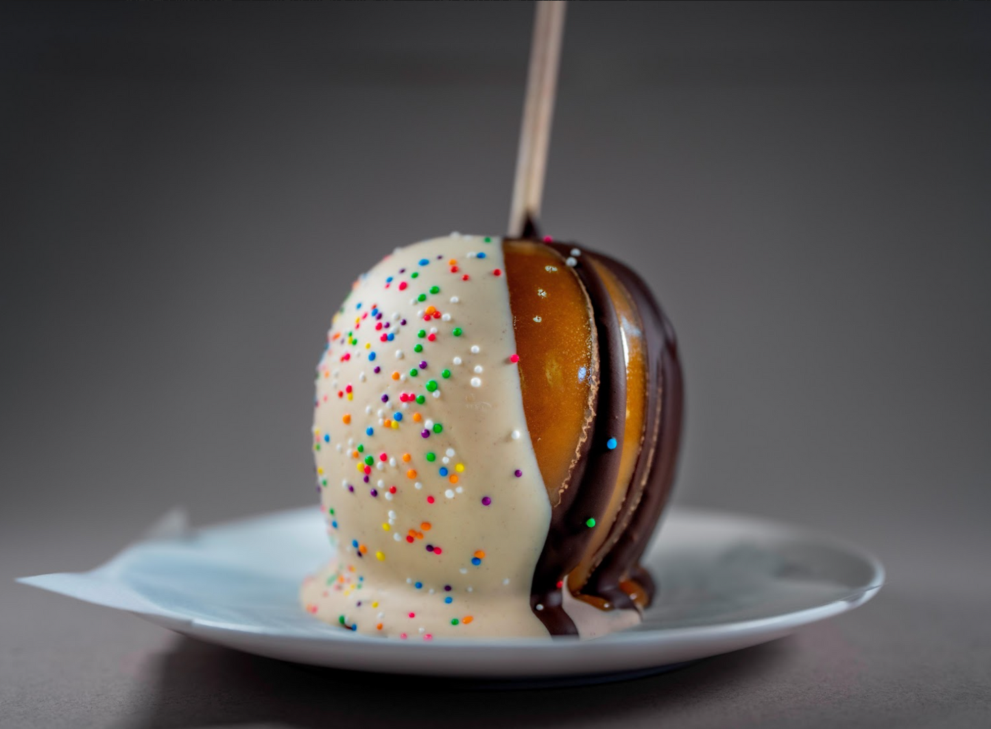 Tiger Striped Sprinkle Caramel Apple